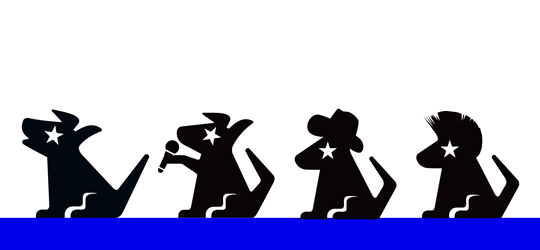 Animated dogs lined up, each with a different look